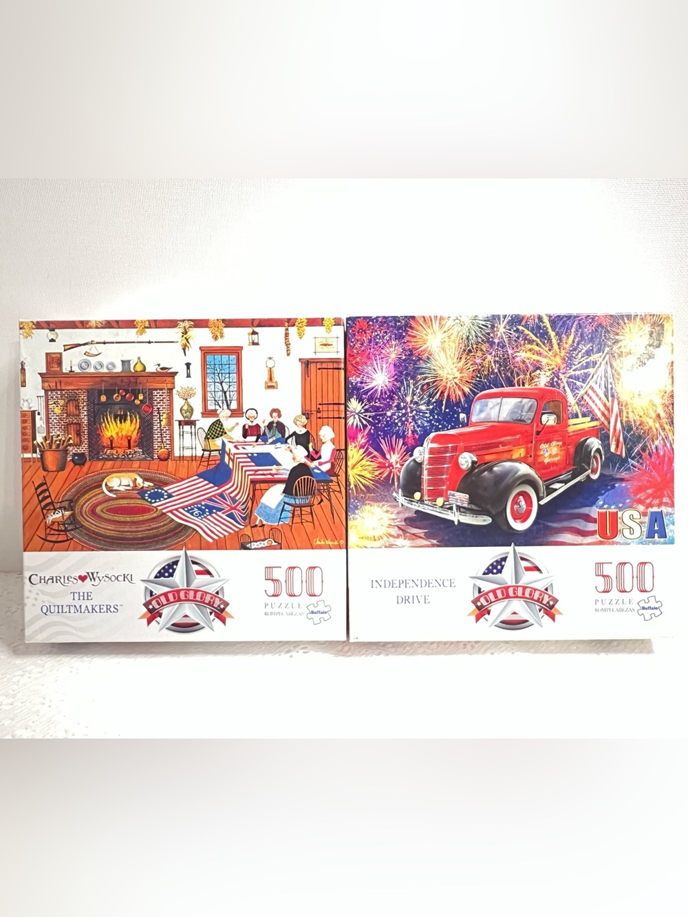 Lot of 2 Buffalo 500 Pc Puzzle Old Glory Charles Wysocki QUILTMAKERS Fireworks